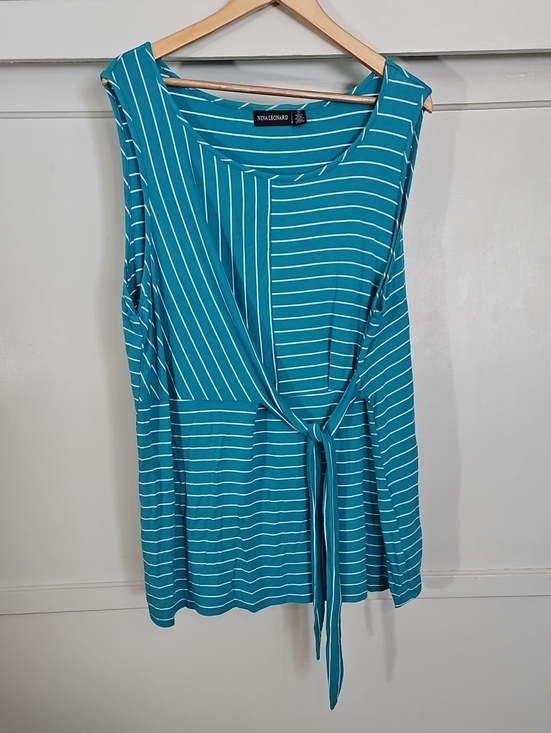 Nina Leonard Tops - Nina Leonard Teal Striped Sleeveless Tie-Front Top